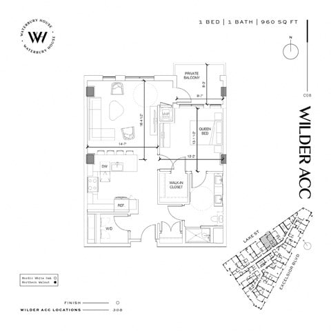 Floor plan for 1 bed, 1 bath, 960 sqft